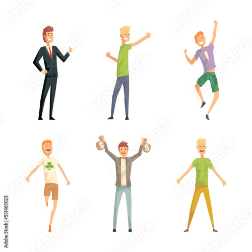 Happy successful people celebrating victory, financial success, lottery win set cartoon vector illustration