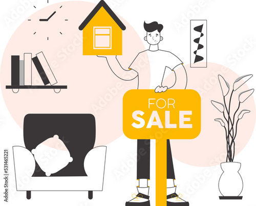 The guy is a real estate agent. Lineart. Vector illustration.