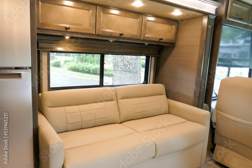 RV Motorhome living room sofa and cabinets