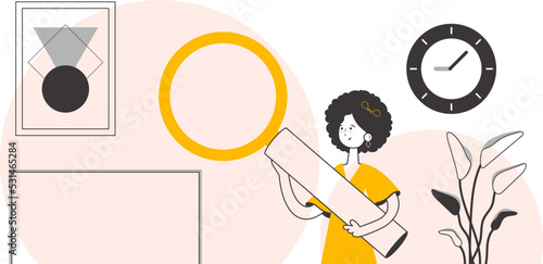 The girl is holding a magnifying glass in her hands. Linear trendy style. Vector illustration.