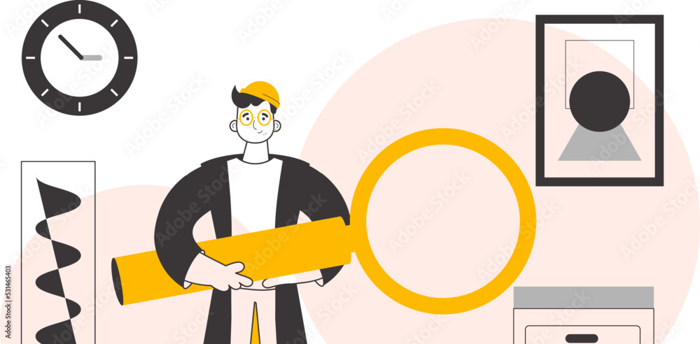 The guy is holding a magnifying glass in his hands. Minimalistic linear style. Vector illustration. The guy is holding a magnifying glass in his hands. Minimalistic linear style. Vector illustration.