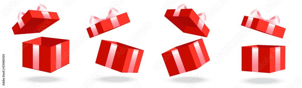 Set of red gift box with pink ribbon isolated on white background for special event like New year, Christmas or birthday or Valentine day. Set of red gift box with pink ribbon isolated on white background for special event like New year, Christmas or birthday or Valentine day.