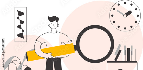 A man holds a magnifying glass in his hands. Linear trendy style. Vector illustration.