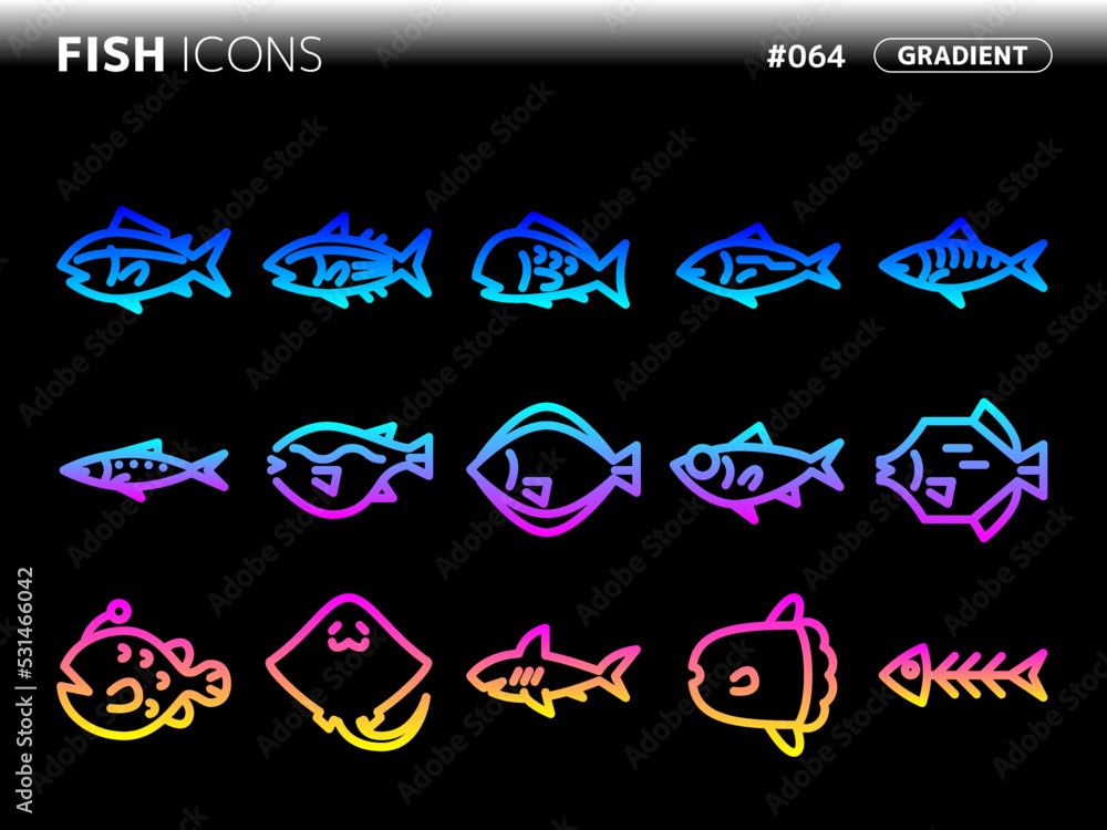 魚に関連するグラデーションスタイルのアイコンセット_064
