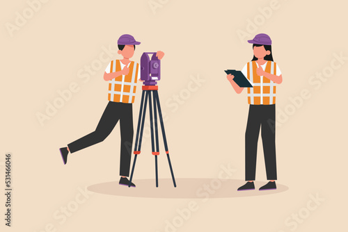 Female boss give direction to staff  using theodolite or total positioning station on the construction site of the road. Boss move concept. Colored flat graphic vector illustration isolated.