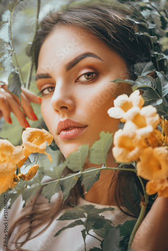 Beautiful young woman posing in Trumpet vine flowers in summer garden. Beauty model girl with Campsis. Enjoying nature outdoor. Close up portrait