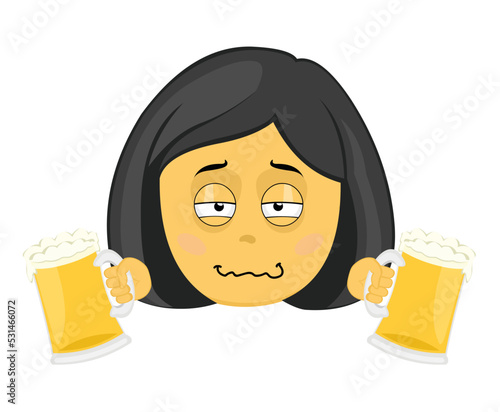 Vector emoji illustration of a drunken yellow cartoon woman with beers in her hands
