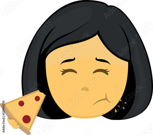 Vector emoji illustration of a cartoon yellow woman eating a slice of pizza