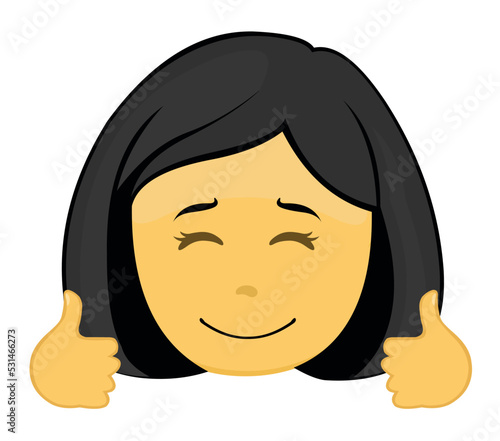 Vector emoji illustration of a yellow cartoon girl, with her hands with her thumbs up