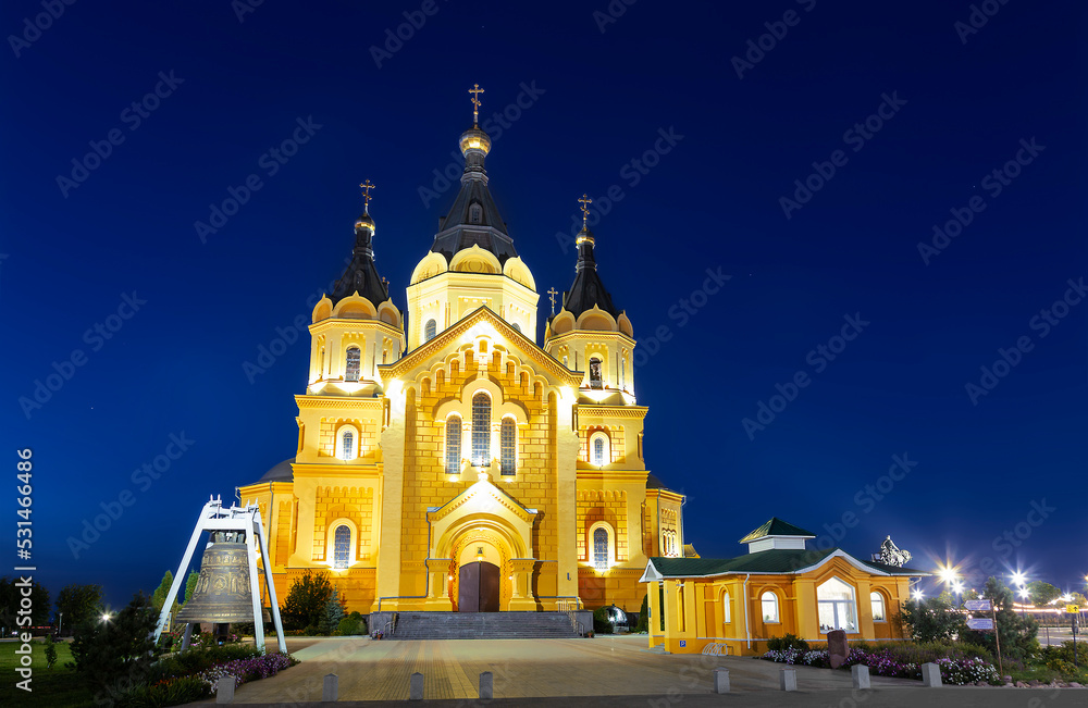 Night view of Alexander Nevsky Novoyarmarochny Cathedral and cathedral bell in Nizhny Novgorod. Russia