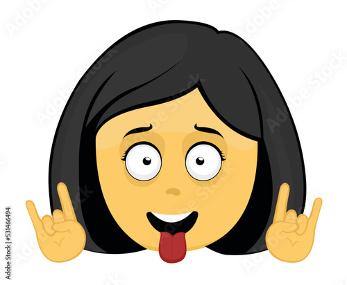 Vector emoji illustration of a yellow cartoon woman with her tongue out and making the classic heavy metal gesture with her hands