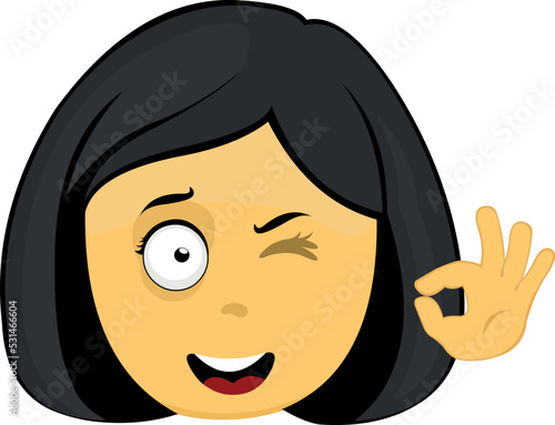 Vector emoji illustration of a yellow cartoon woman, winking and making a gesture with her hand of ok or perfect