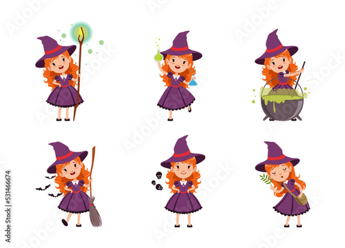 Cute little girl witches set. Beautiful redhead girl dressed purple dress and pointed hat practicing witchcraft cartoon vector illustration