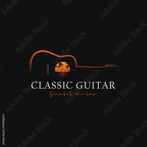 classic guitar and sunset logo, sunset music, vector illustration