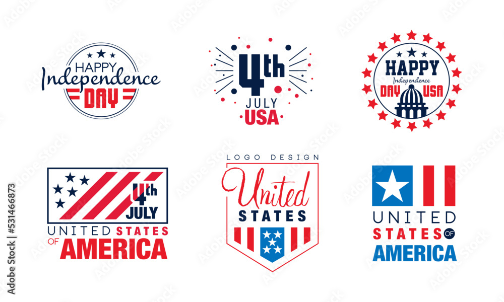 4th of July USA Independence day labels set. United States of America badges in patriotic colors vector illustration