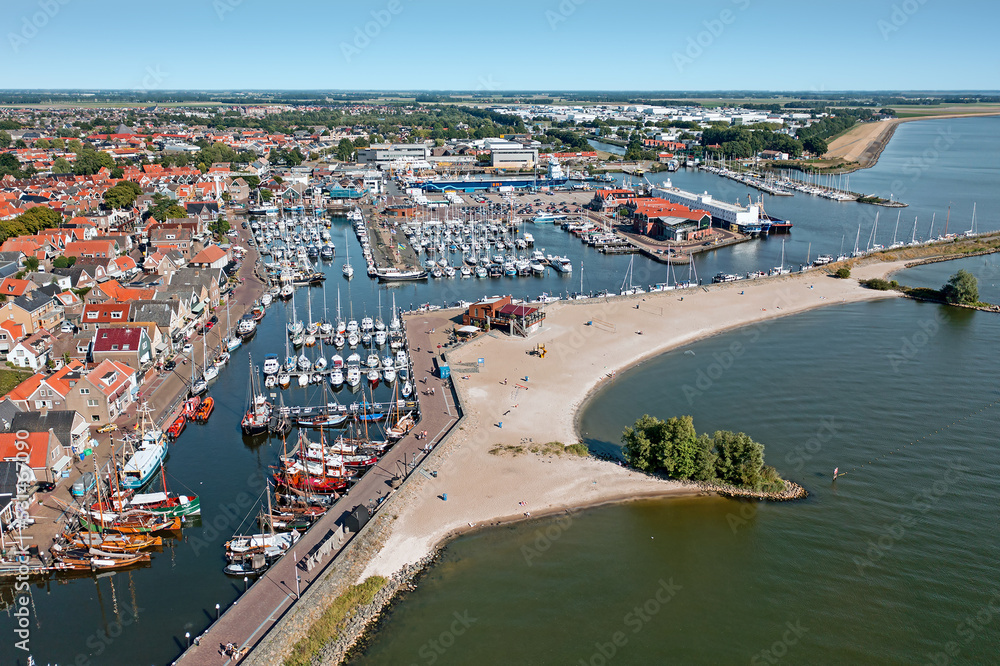 Aerial from the traditional town Urk and the harbor in the Netherlands