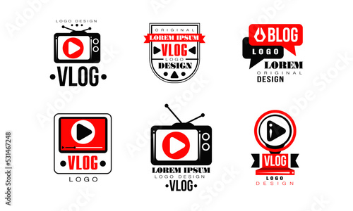 Vlog and blog logo design set. Video blog channel buttons for streaming, live broadcast vector illustration