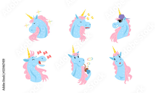 Funny male unicorn with various face expression set. Mythical animal character sleeping, laughing and smoking pipe cartoon vector illustration