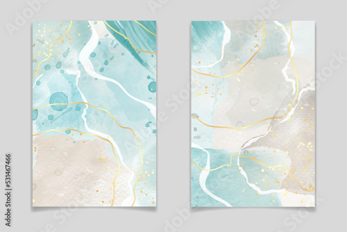 Gray blue and beige liquid marble watercolor background. Earth tone and turquoise modern canvas wallpaper with paint brush. Vector illustration design template for wedding invitation, menu, rsvp © svetolk