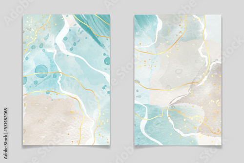 Gray blue and beige liquid marble watercolor background. Earth tone and turquoise modern canvas wallpaper with paint brush. Vector illustration design template for wedding invitation, menu, rsvp