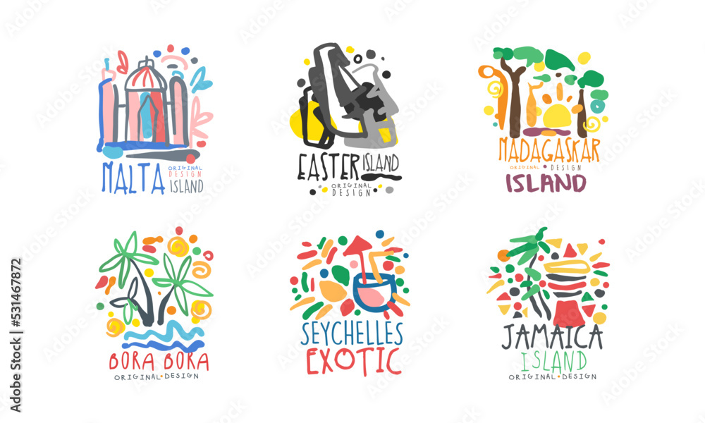 Tropical islands labels set. Malta, Easter, Madagascar, Bora Bora, Seychelles, Jamaica badges for tourist agency, tropical party, exoic vacation design hand drawn vector illustration - obrazy, fototapety, plakaty 