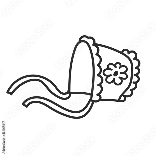 Baby bonnet for a newborn in hand drawn doodle style. Hat for baby boy or baby girl with ribbons. Cute as visual aid for learning a foreign language or illustrative study guide or for coloring.