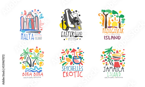 Tropical islands labels set. Malta, Easter, Madagascar, Bora Bora, Seychelles, Jamaica badges for tourist agency, tropical party, exoic vacation design hand drawn vector illustration