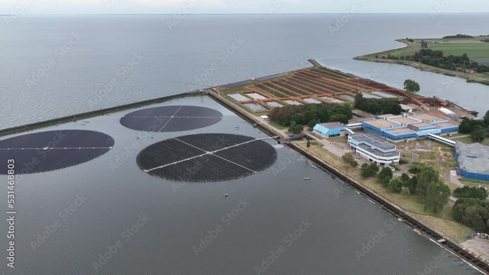 Floating turnable solar panels installation and sky. renewable energy