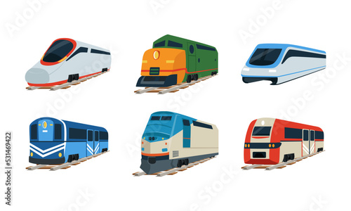 Retro and modern train locomotives set. Freight and passenger rail transport, subway transportation flat vector illustration