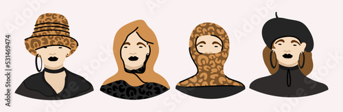 Various woman's hats. Panama, hood, balaclava, beret.