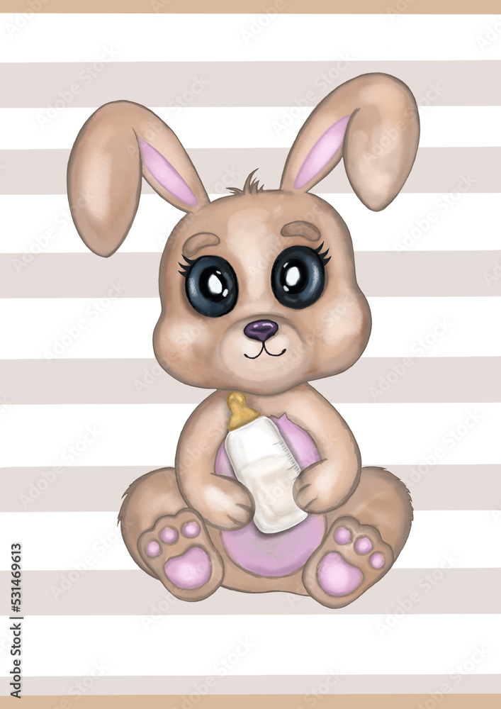 Cute watercolor baby rabbi girl with milk bottle on a stripe background. Hand drawn adorable aquarelle bunny poster, illustration. Designed for kids greeting cards, frame art, nursery room, clothes. Cute watercolor baby rabbi girl with milk bottle on a stripe background. Hand drawn adorable aquarelle bunny poster, illustration. Designed for kids greeting cards, frame art, nursery room, clothes.