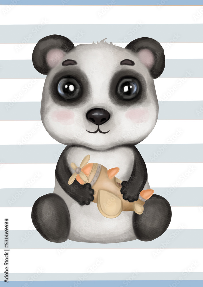 Obraz premium Cute watercolor baby panda boy with plane on a stripe background. Hand drawn adorable aquarelle poster, illustration. Designed for kids greeting cards, frame art, nursery room, clothes, baby showers.