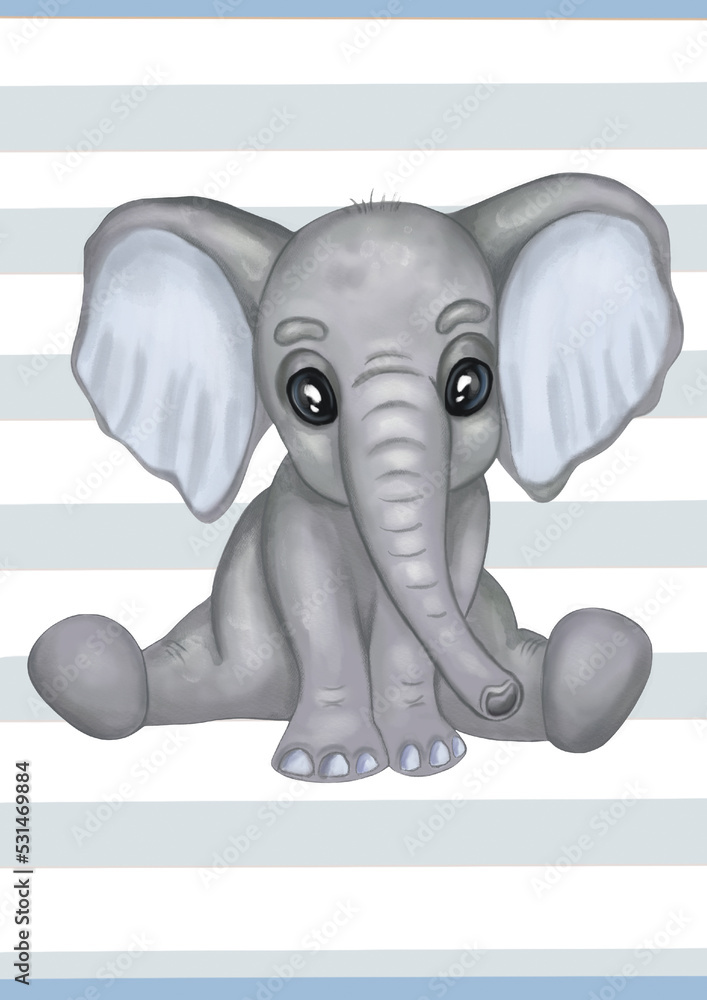 Cute watercolor baby elephant boy on a stripe background. Hand drawn aquarelle poster, illustration. Designed for kids greeting cards, frame art, nursery room, clothes, baby showers.