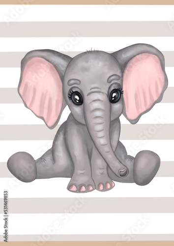 Cute watercolor baby elephant girl on a stripe background. Hand drawn aquarelle poster, illustration. Designed for kids greeting cards, frame art, nursery room, clothes, baby showers.