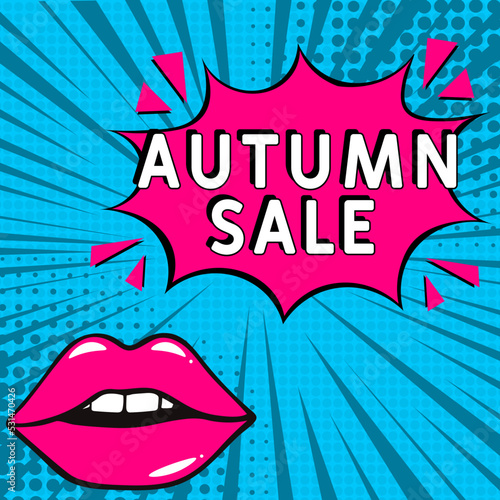 Comic lettering autumn sale. Vector bright cartoon illustration in retro pop art style. Comic text sound effects. autumn sale text. Comic book explosion with text autumn sale promotion symbol.