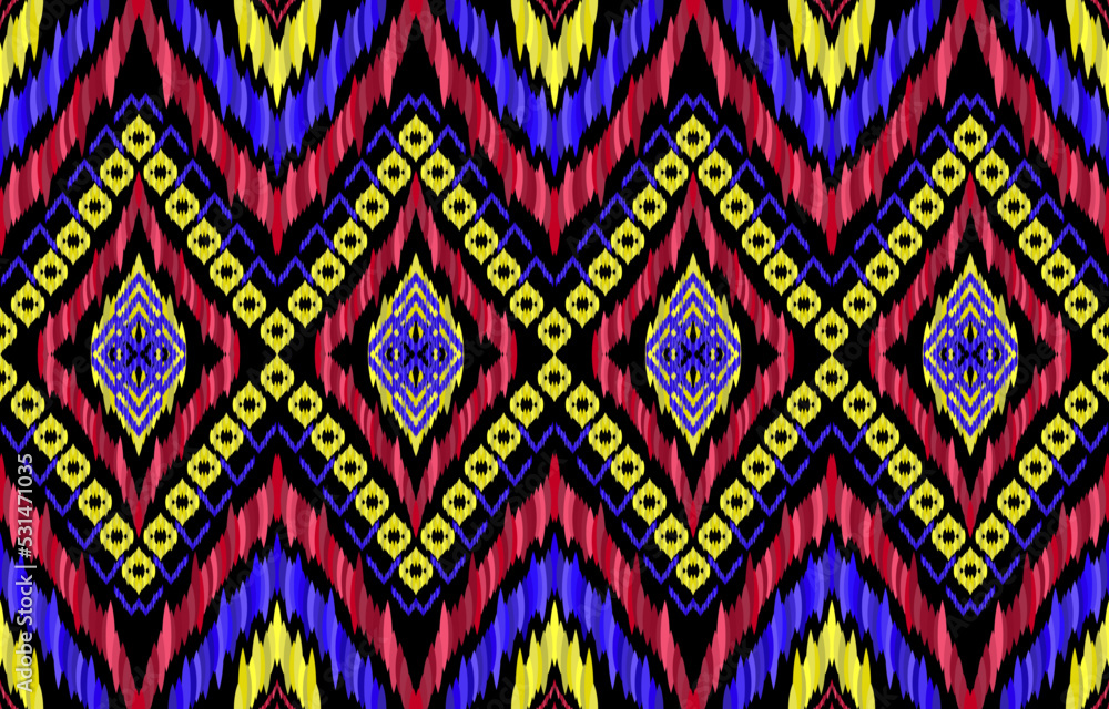 African bright glow neon ikat patterns. Geometric tribal vintage retro style. Ethnic golden fabric ikat seamless pattern. Indian navajo aztec folk ikat print vector. Used to backdrop texture textile. African bright glow neon ikat patterns. Geometric tribal vintage retro style. Ethnic golden fabric ikat seamless pattern. Indian navajo aztec folk ikat print vector. Used to backdrop texture textile.