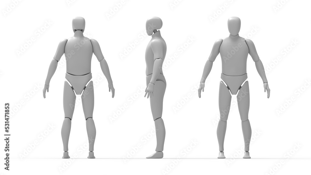 3D rendering of a dummy robot man person model blank template isolated in studio background. 3D computer generated person posing multiple views side front back. 3D rendering of a dummy robot man person model blank template isolated in studio background. 3D computer generated person posing multiple views side front back.