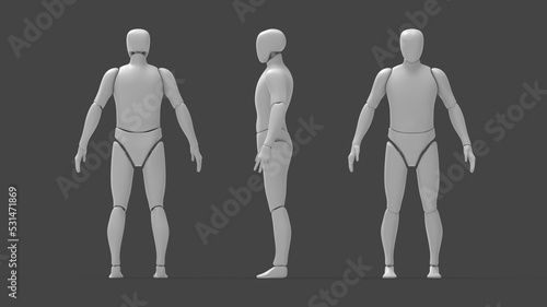 3D rendering of a dummy robot man person model blank template isolated in studio background. 3D computer generated person posing multiple views side front back.