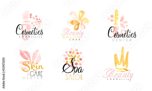 Set of cosmetics logo design. Beauty center, spa salon, skin care, wellness watercolor labels hand drawn vector illustration