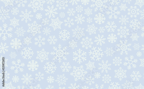 Light Snowflakes on Blue background. Vector Seamless Pattern for Continuous replicate. Christmas falling Snowflake on Blue backdrop. Concept of winter holiday.