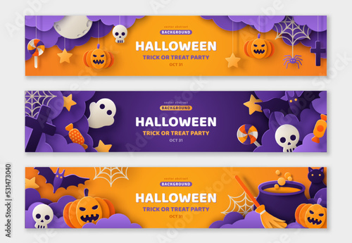 Happy Halloween banners set, party invitation background with clouds, bats and pumpkins in paper cut style. Vector illustration. Full moon, spider web, ghost, skull. Place for text. Trick or treat photo