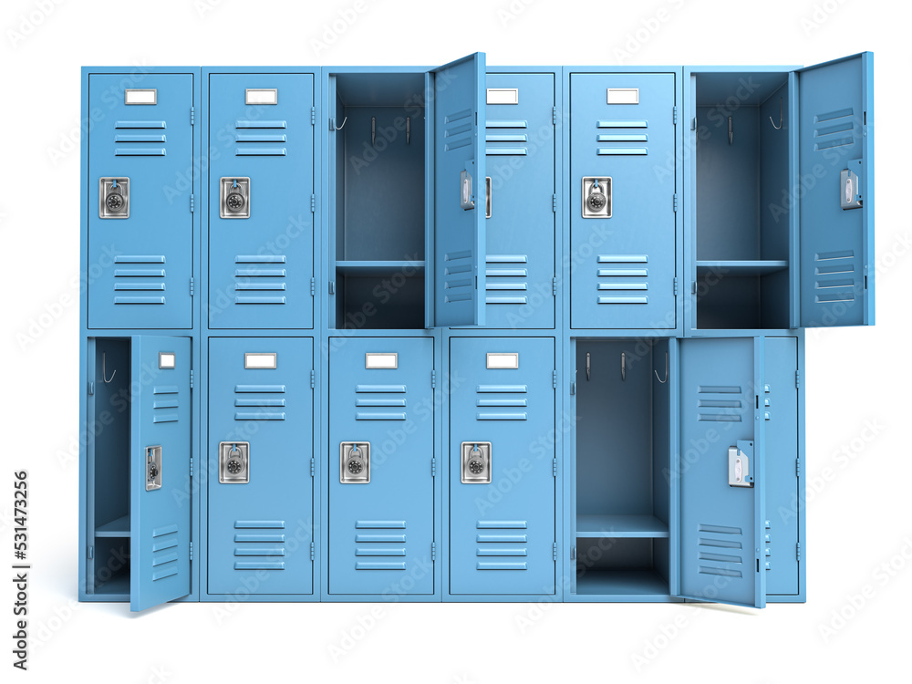 Metal locker box with open doors isolated on white. - obrazy, fototapety, plakaty 