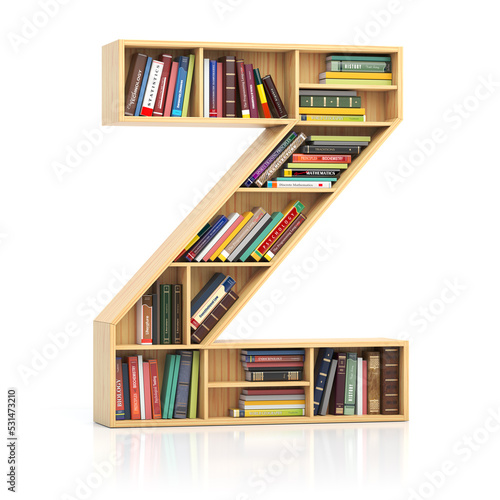 Letter Z in form of bookshelf with book and texbooks. Educational and learning conceptual font and alphabet. © Maksym Yemelyanov