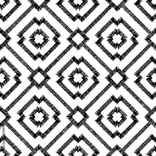 Seamless embroidered black and white pattern. Simple geometric ornament. Print for home textiles, packaging. Vector illustration.
