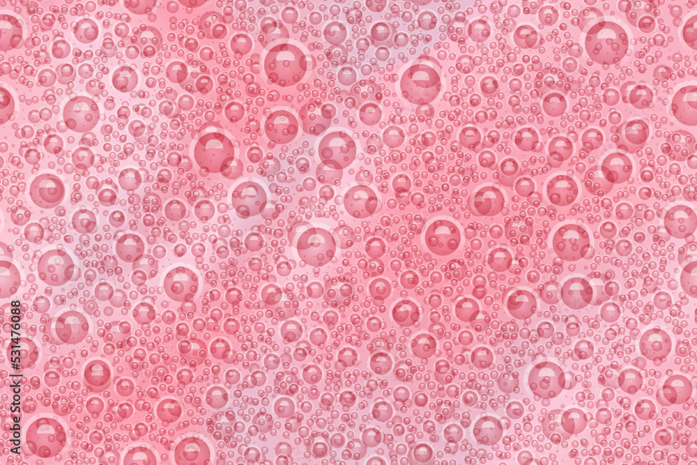 Pink seamless milkshake texture top view. Abstract vector pattern with bubbles. Strawberry and milk smoothie surface. Dairy beverage. Blended frothy drink. Ice cream cocktail background