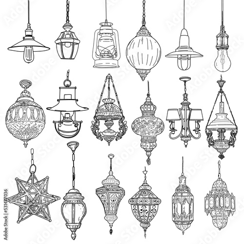Hanging vintage lamp drawing set, vector illustration