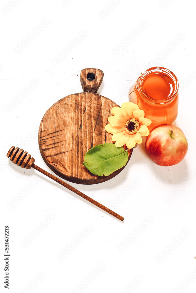Fototapeta premium Apples and honey. Autumn composition. Traditional Jewish holiday New Year. Happy Rosh Hashanah.