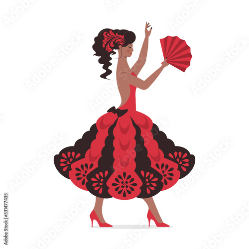 Dance of a Spanish dancer. Modern ballroom and ethnic dances. Dancer in motion in studio, stage or dance hall. Spanish girl with a fan. Vector illustration.