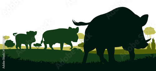 Wild boar family is grazing. Animal in natural habitat. Wild pig illustration. Isolated on white background. Vector.