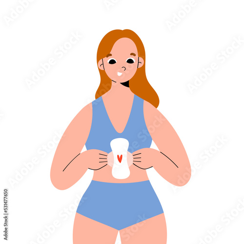 Woman holding reusable sanitary pad, fabric , plus size woman in comfortable lingerie, body positive model, vector illustration on white background, cute cartoon character